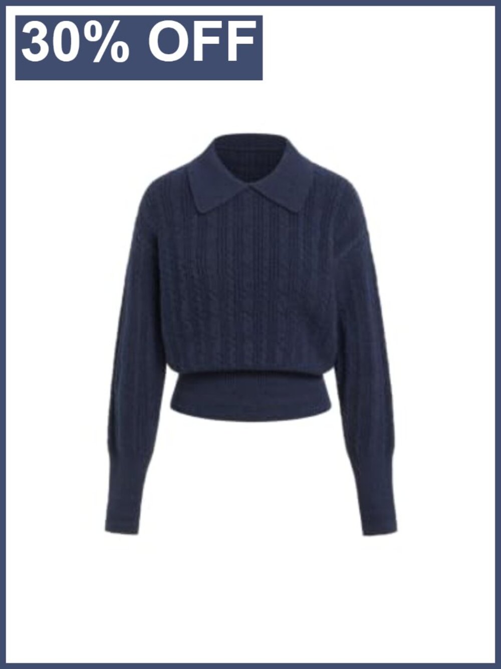 Cable Knit Cropped Sweater Recycled Polyester Wool Blend Long Sleeve Pullover